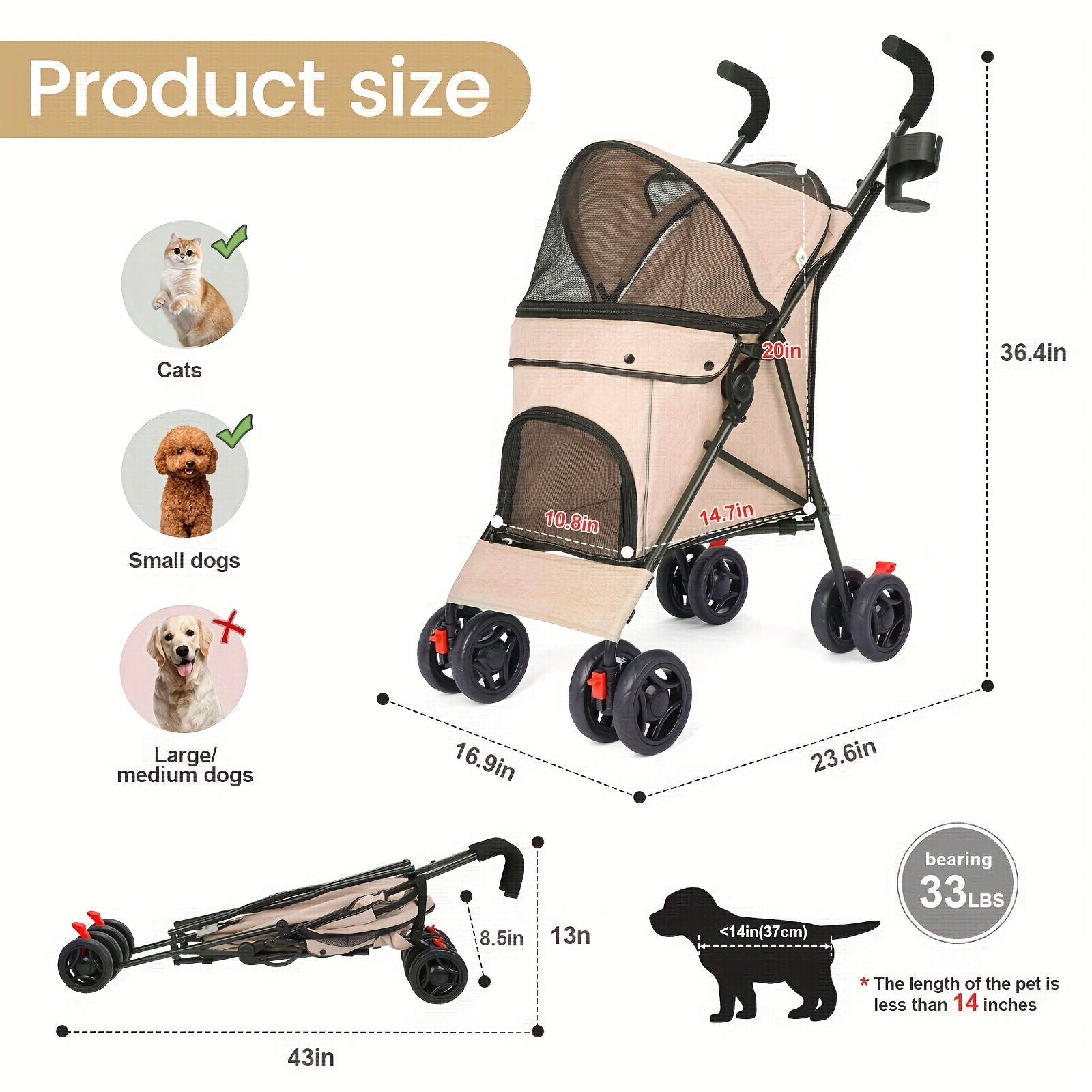 Collapsible Dog Stroller, Cat Stroller, Pet Stroller for Small Medium Dogs Cats, 4 Wheels, Storage Basket