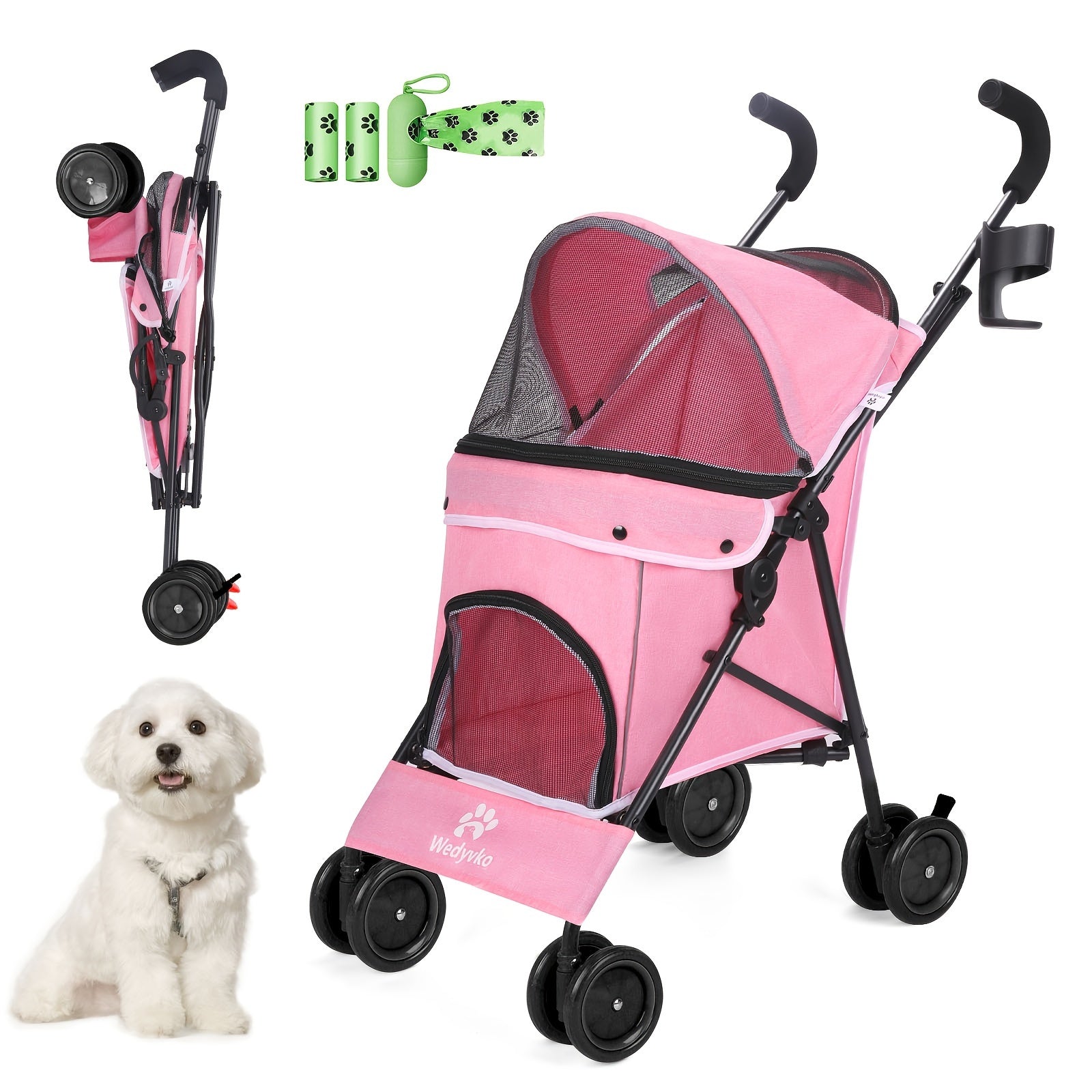 Collapsible Dog Stroller, Cat Stroller, Pet Stroller for Small Medium Dogs Cats, 4 Wheels, Storage Basket